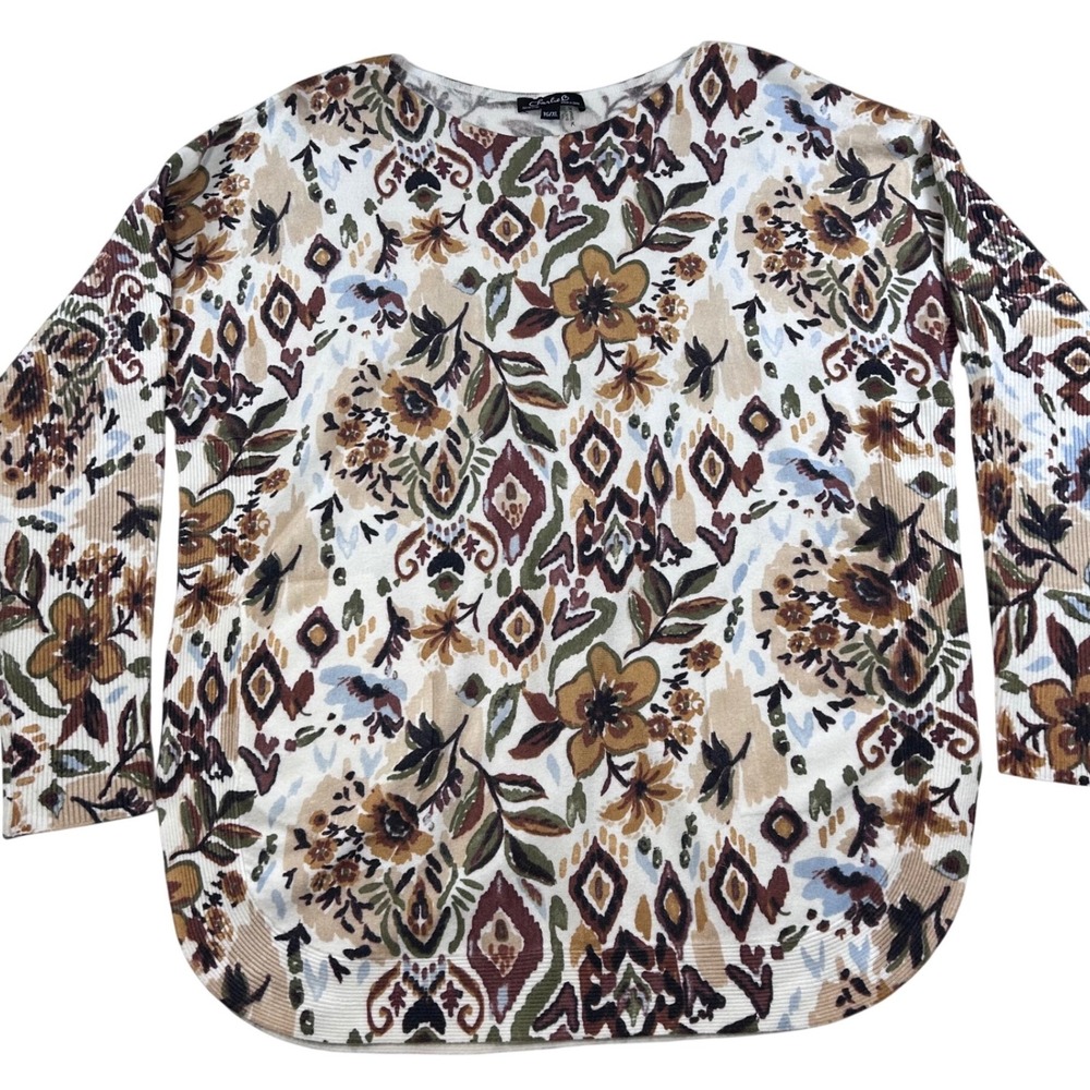 Charlie‎ B Womens Jacobean Ribbed Knit Boat Neck Top XL Buttery Soft Fall Colors